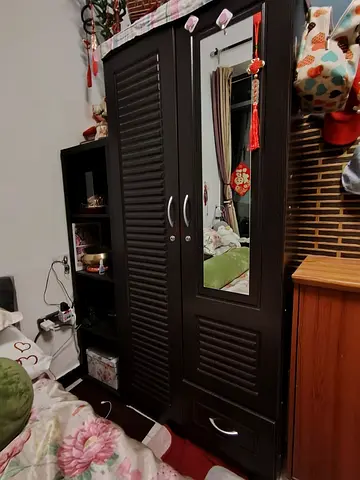 URGENT: MOVING OUT SALE- Dark Wood Wardrobe with Mirror and Shelves