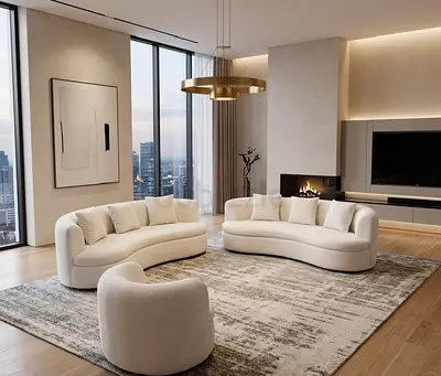 Modern neutral curved sofa set with armchair