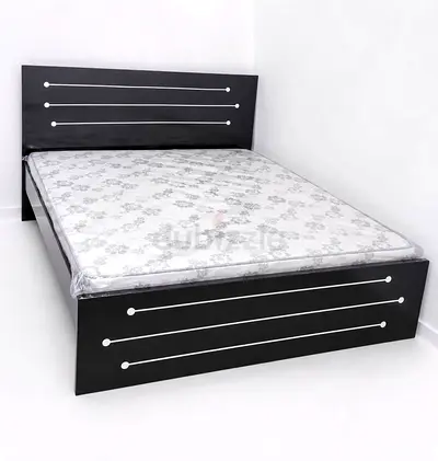 Double Bed Frame with Headboard and Mattress - Dark Wood, Modern Design