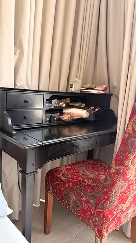 Black Wooden Writing Desk with Storage Hutch and Patterned Chair