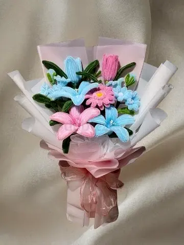 Handmade Pipe Cleaner flower bouquet - pastel pink & blue