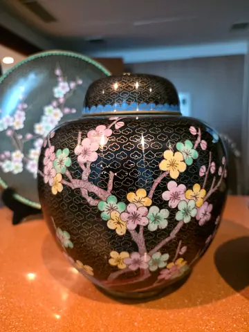 Chinese Cloisonné Enamel and Brass Cherry Blossoms Ginger Jar Vintage Chinese Cloisonné Ginger Jar a