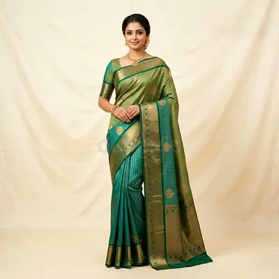 Green silk saree with gold zari border