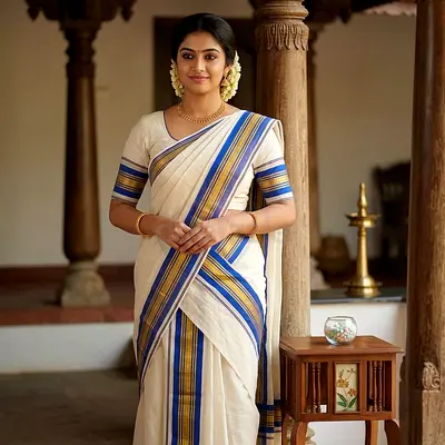 Handloom Cream and Blue Kasavu-style Set Mundu