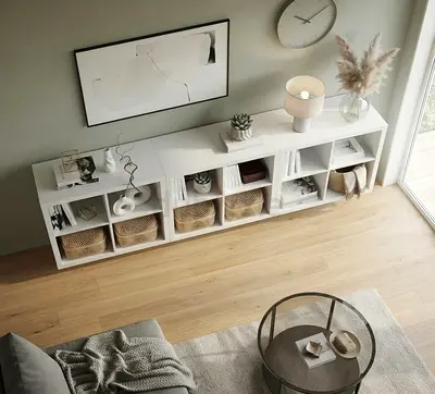 3 x White low storage bookcase with open cubbies - modern console shelf