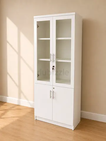 White Storage Cabinet with Glass Doors and Lock