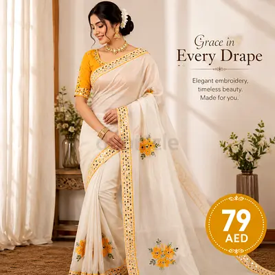 Cream and Yellow Embroidered Saree