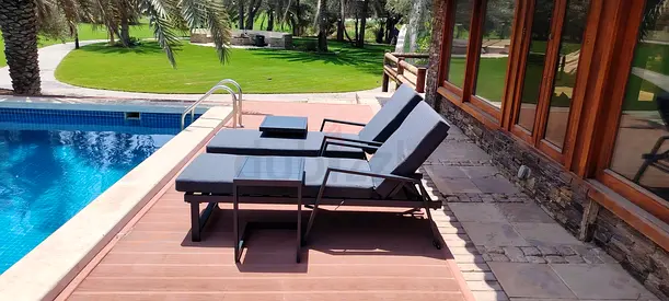 Pair of Outdoor Poolside Sun Loungers with Side Table - Excellent Condition