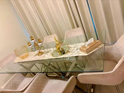 Glass Top Dining Table with 6 Beige Upholstered Chairs - Modern Set