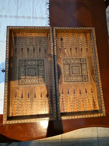 Beautiful authentic handcrafted Damascus marquetry game table with intricate geometric wood and bone