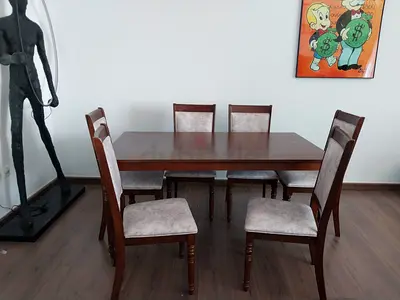 Solid Wood 6-Seater Dining Table with Upholstered Chairs - Good Condition