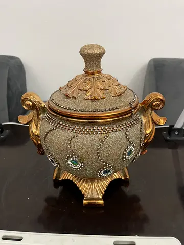 Decorative jeweled lidded urn / candy dish with gold finish