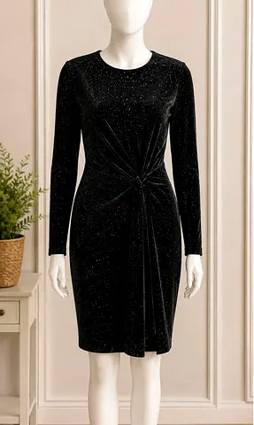 H&M Black long-sleeve velvet knot-front midi dress