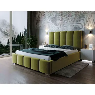 Modern Green Upholstered Bed Frame with Tall Channel Headboard