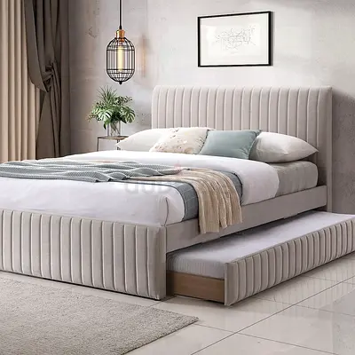 Upholstered Double Bed with Trundle — Light Grey, Modern