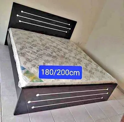 Queen Size Bed Frame with Mattress (180x200 cm) - Dark Wood