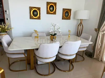 Marble-effect Dining Table with 6 Upholstered Chairs (Gold Base)