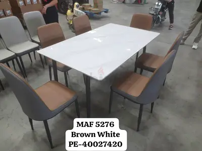 6-Seater Modern Dining Table with Faux Marble Top and Brown Chairs