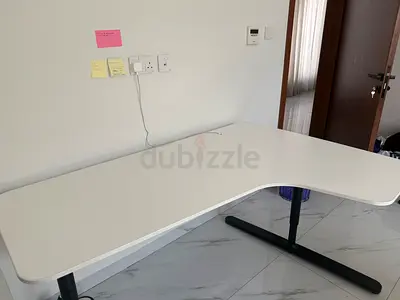 White L-shaped Office Desk with Black Metal Legs