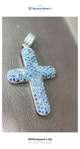 Silver Cross Pendant with Natural Blue Sapphire Stones