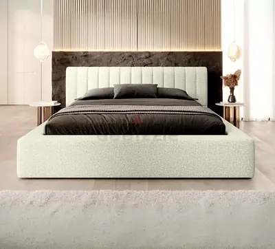 Modern upholstered platform bed with tall channel-tufted headboard - Ivory