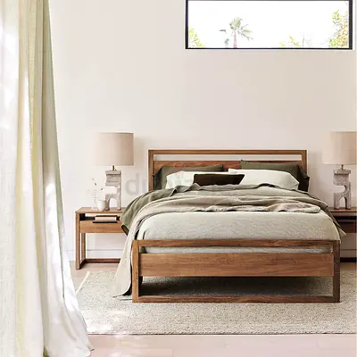 CRATE and BARREL Linea Natural Teak Wood KING BED with mattress matching x2 nightstands side tables