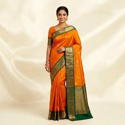 Orange Silk Saree with Green Border