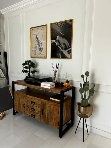 Wood and Black Metal TV Console / Entertainment Unit - Rustic Industrial