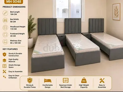 Three Grey Single Beds with Headboards and Storage (Set of 3)