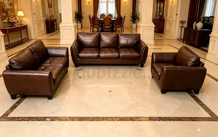 3-piece brown leather sofa set — 3-seater, 2-seater and armchair