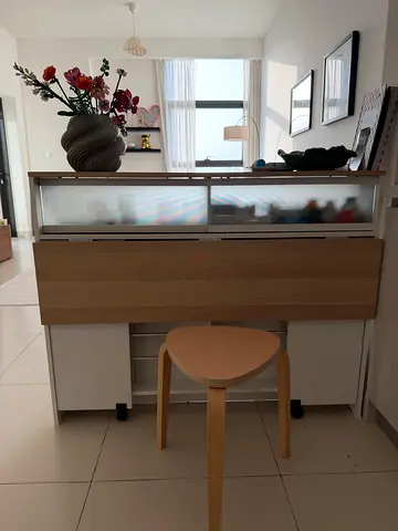 Slim white sideboard cabinet with top shelf — perfect condition