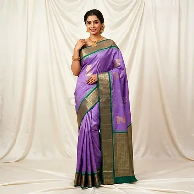Purple silk saree with gold zari border
