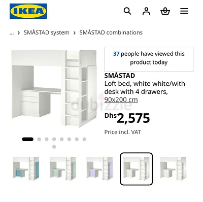 IKEA SMÅSTAD loft bed with desk and drawers, white, 90x200 cm