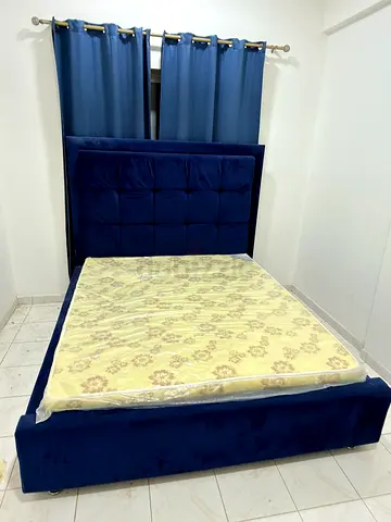 Blue Velvet King Bed Frame with Headboard and Mattress