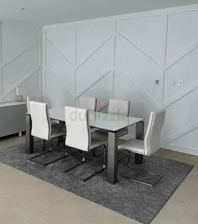 6-Seater Glass Top Dining Table with White Leather Chairs — Modern Set