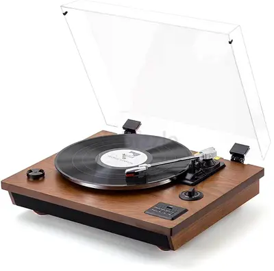 3 in 1 shuman Wood Finish Turntable Record Player with Dust Cover - Portable Vinyl Deck