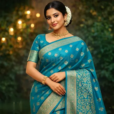 Teal Banarasi Silk Saree with Gold Zari Work