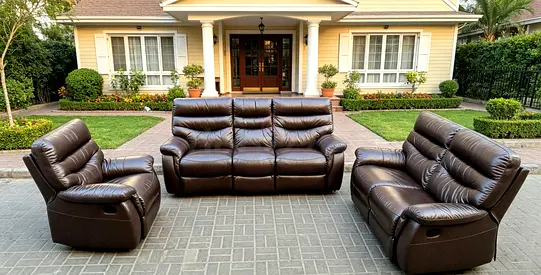 Genuine Leather 3-Seater Sofa Set with 2 Recliners - Dark Brown, Good Condition