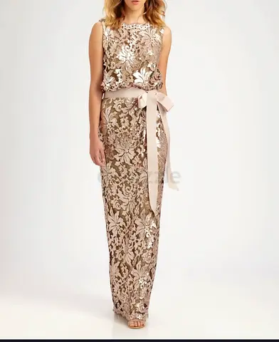 Elegant Gold Sequin Evening Gown with Waist Bow