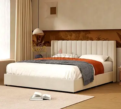 Upholstered King Size Bed with Padded Headboard - Neutral Beige