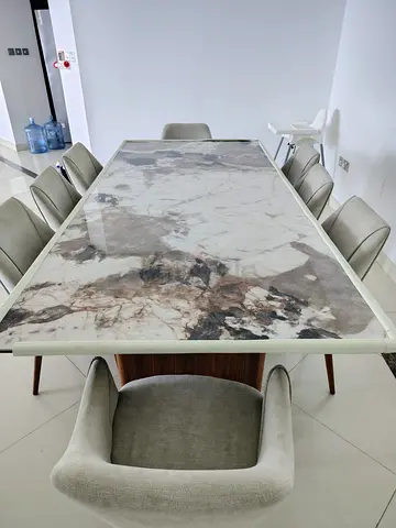 Marble-top dining table with 8 upholstered chairs - modern set