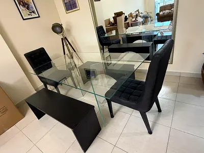 Glass Dining Table with 2 Bench and 2 Upholstered Chairs - Good Condition