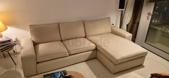 Beige L-shaped 3-seater Sofa with Chaise Longue — Good Condition