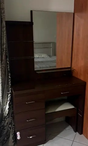 Dark Wood Dressing Table with Mirror and Stool - Good Condition