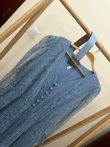 Blue lace long-sleeve midi dress, size tag visible