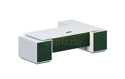 White L Shape CEO Executive Desk With Double Side Cabinet & Fluted Design