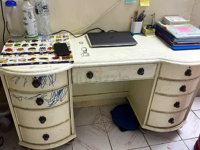 Vintage white wooden double pedestal desk with drawers - used