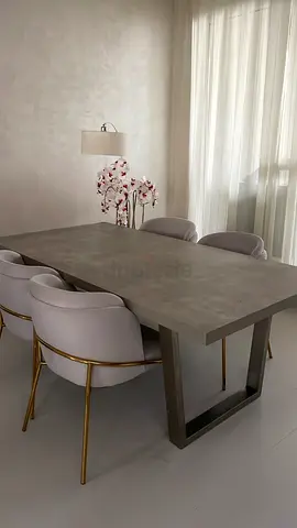 Modern concrete-effect dining table with 6 chairs - artificial flower arrangement, plus a FREE lump-