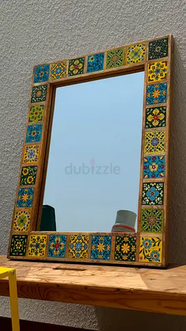 Handmade Wooden Mirror with Colorful Tile Border