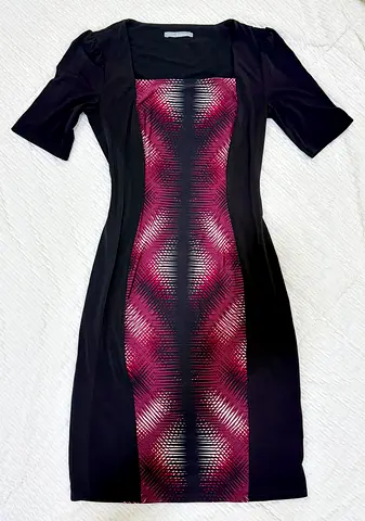 M&S Woman Black & Plum Bodycon Midi Dress | Below-Knee Office Dress